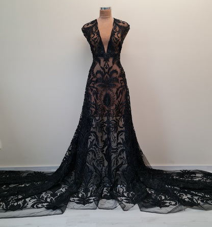 LL-1547, bridal lace with beads and sequins in off-white color, Ornamental design, per meter