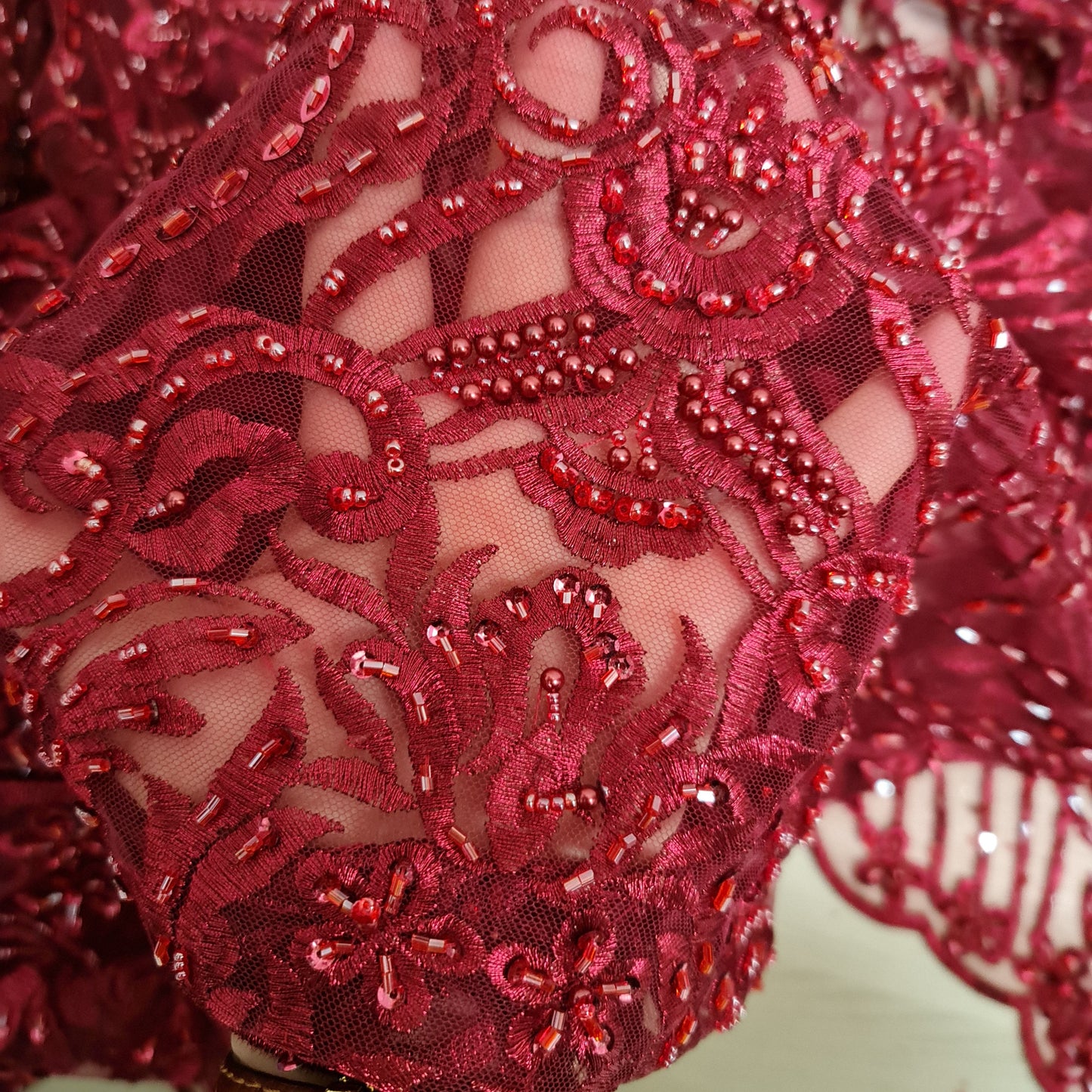 LL-1485, beaded bridal lace fabric with abstract ornamental flower design in dark red color