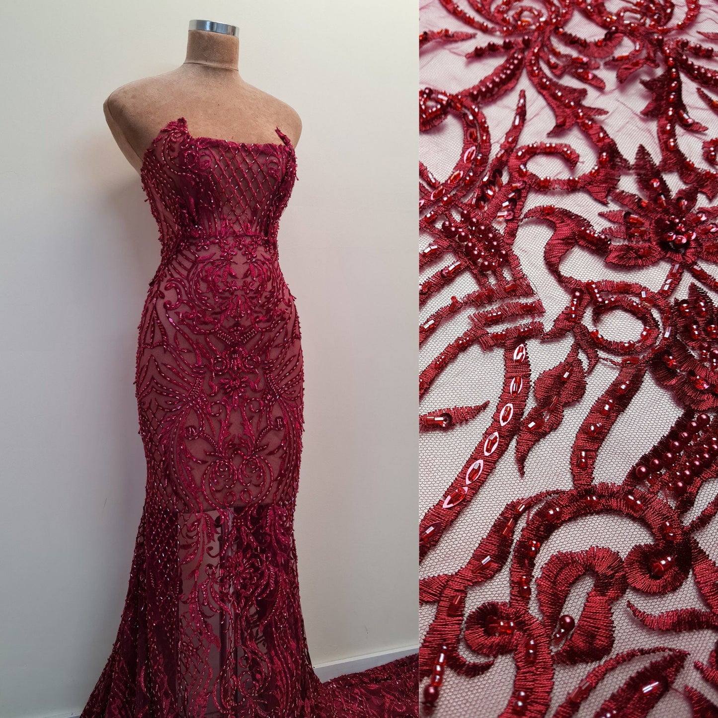 LL-1485, beaded bridal lace fabric with abstract ornamental flower design in dark red color