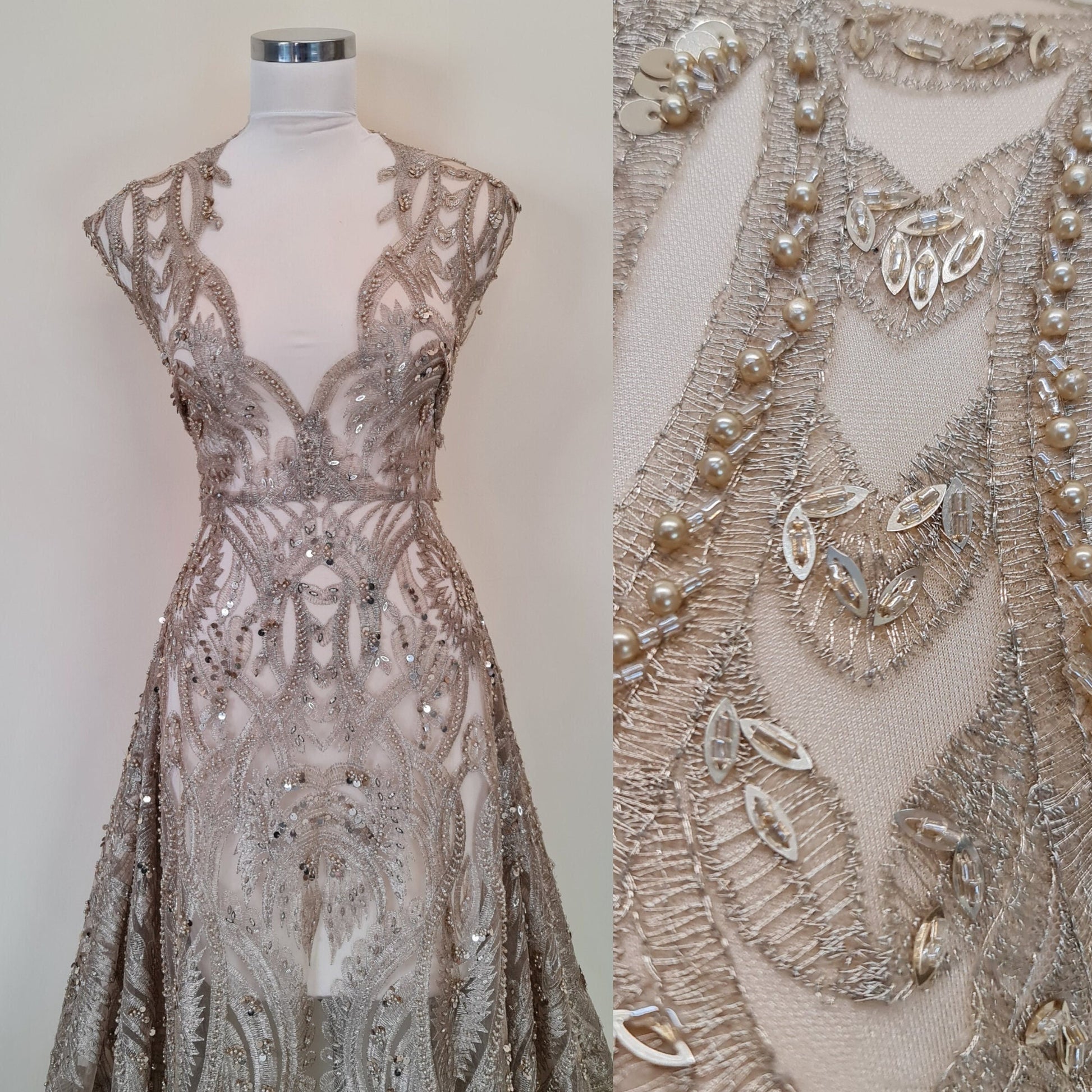 Gorgeous ornamental lace fabric with beads and big sequins in gold color, lace per meter LL-1346