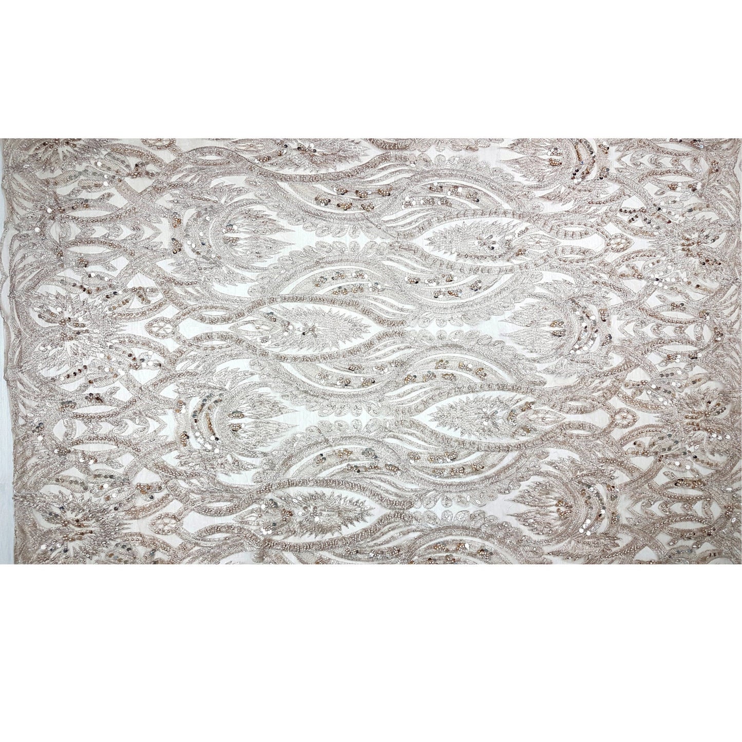 Gorgeous ornamental lace fabric with beads and big sequins in gold color, lace per meter LL-1346