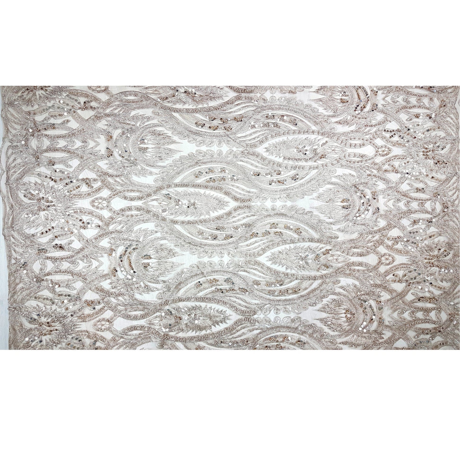 Gorgeous ornamental lace fabric with beads and big sequins in gold color, lace per meter LL-1346