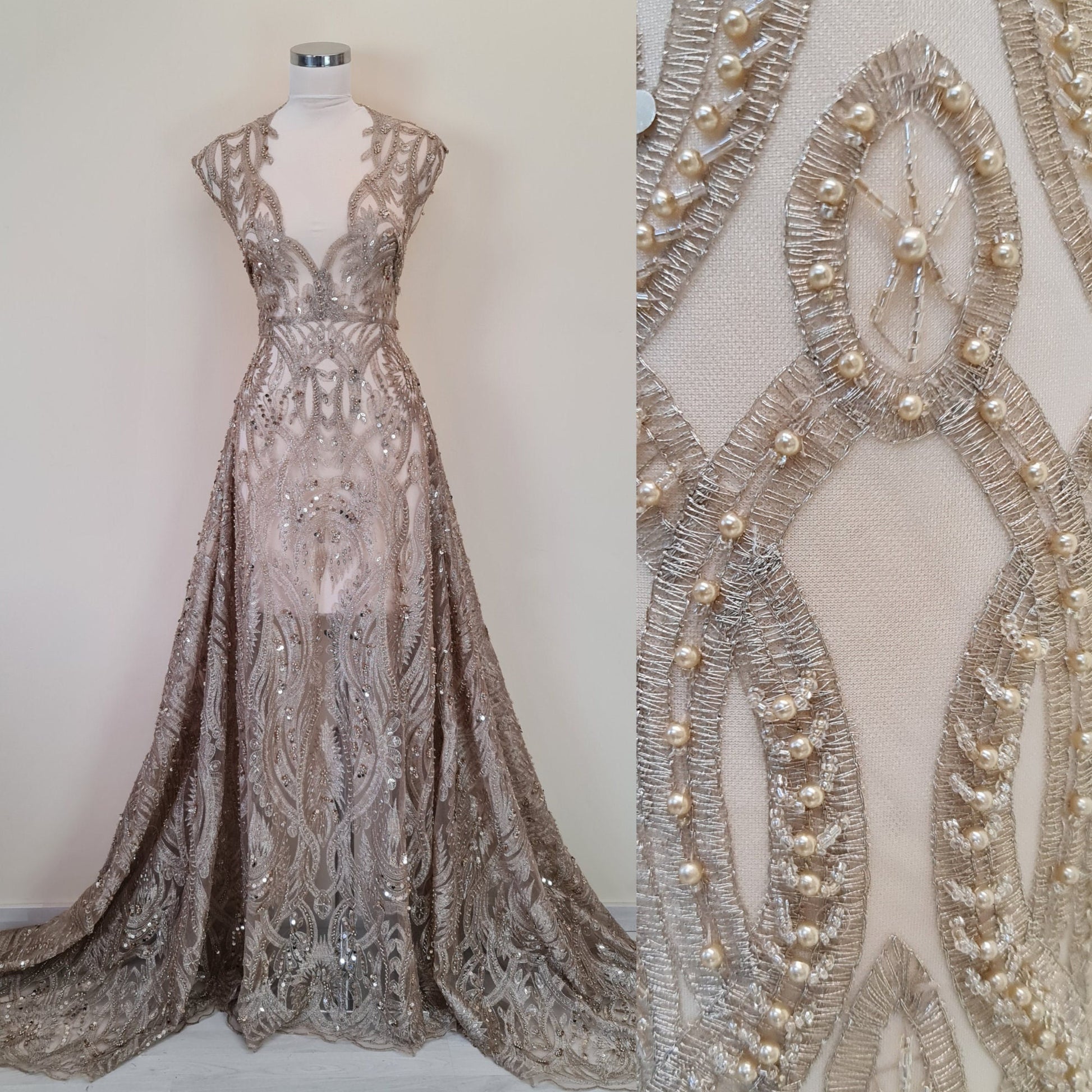 Gorgeous ornamental lace fabric with beads and big sequins in gold color, lace per meter LL-1346