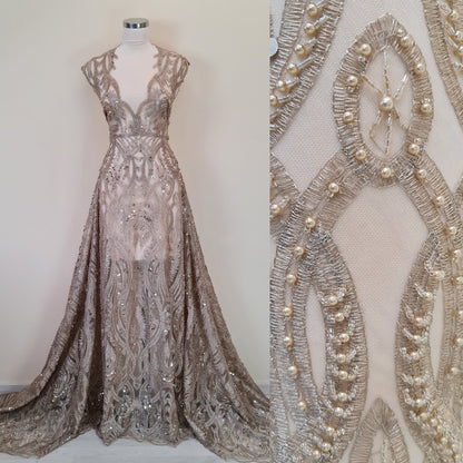 Gorgeous ornamental lace fabric with beads and big sequins in gold color, lace per meter LL-1346