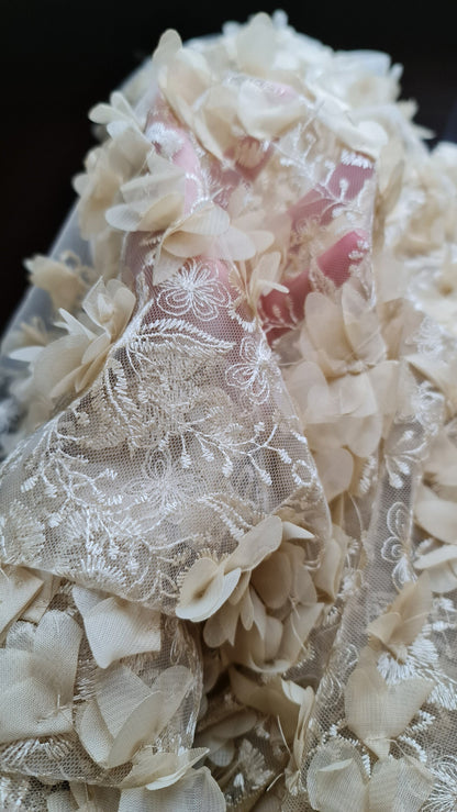 LL-1451, Lovely bridal lace fabric with big 3d flowers in beige color
