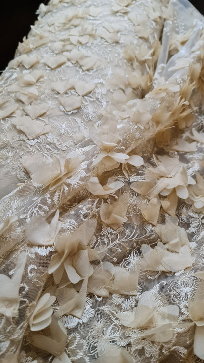 LL-1451, Lovely bridal lace fabric with big 3d flowers in beige color