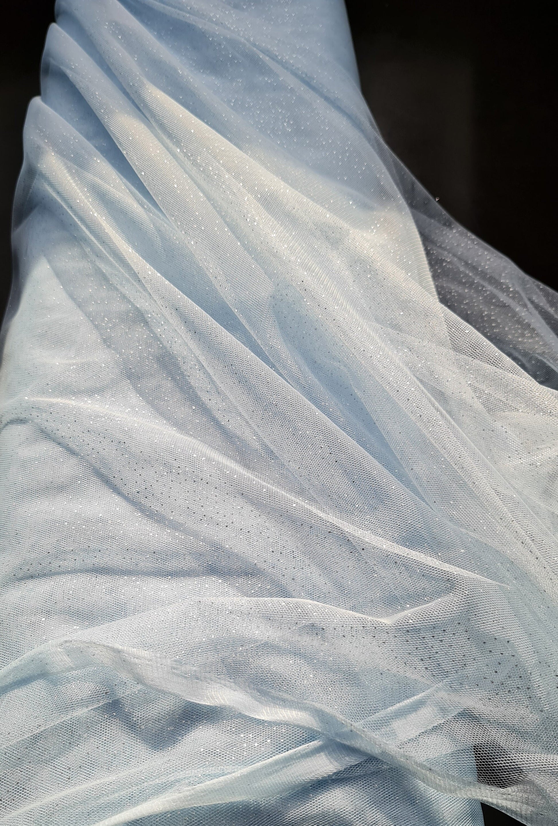 sparkling soft mesh tulle in light blue color with silver print dots LL-1483