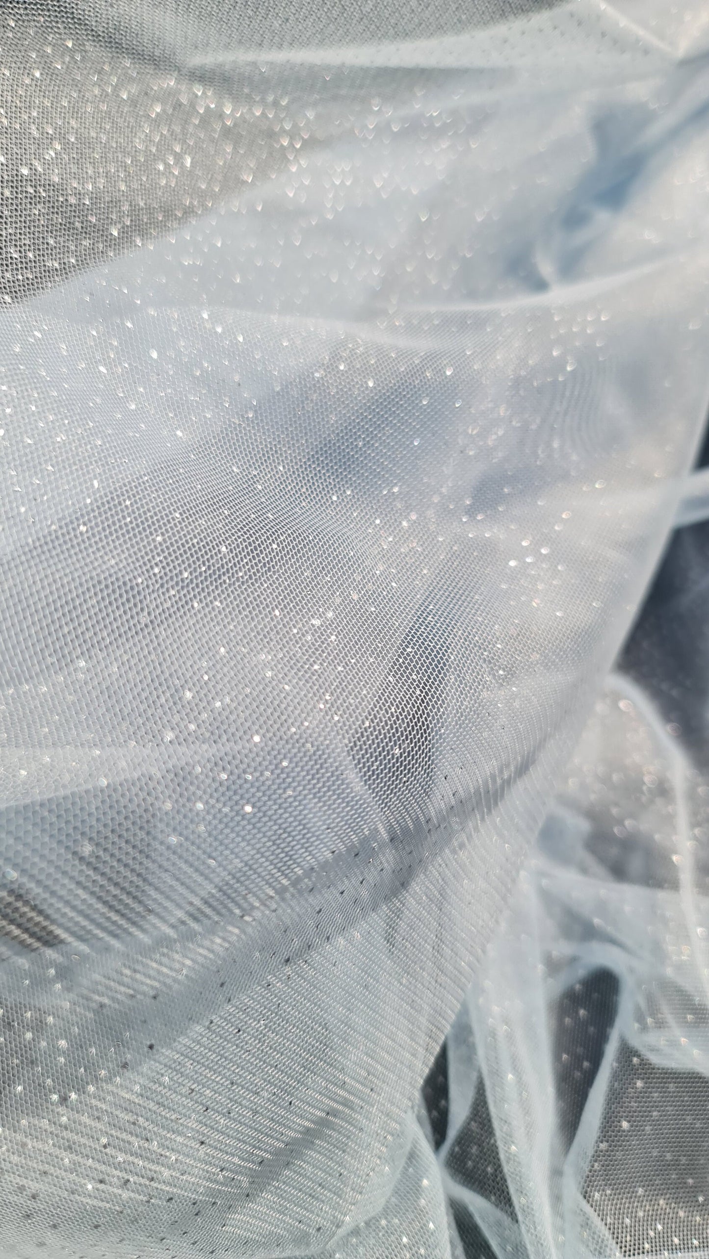 sparkling soft mesh tulle in light blue color with silver print dots LL-1483