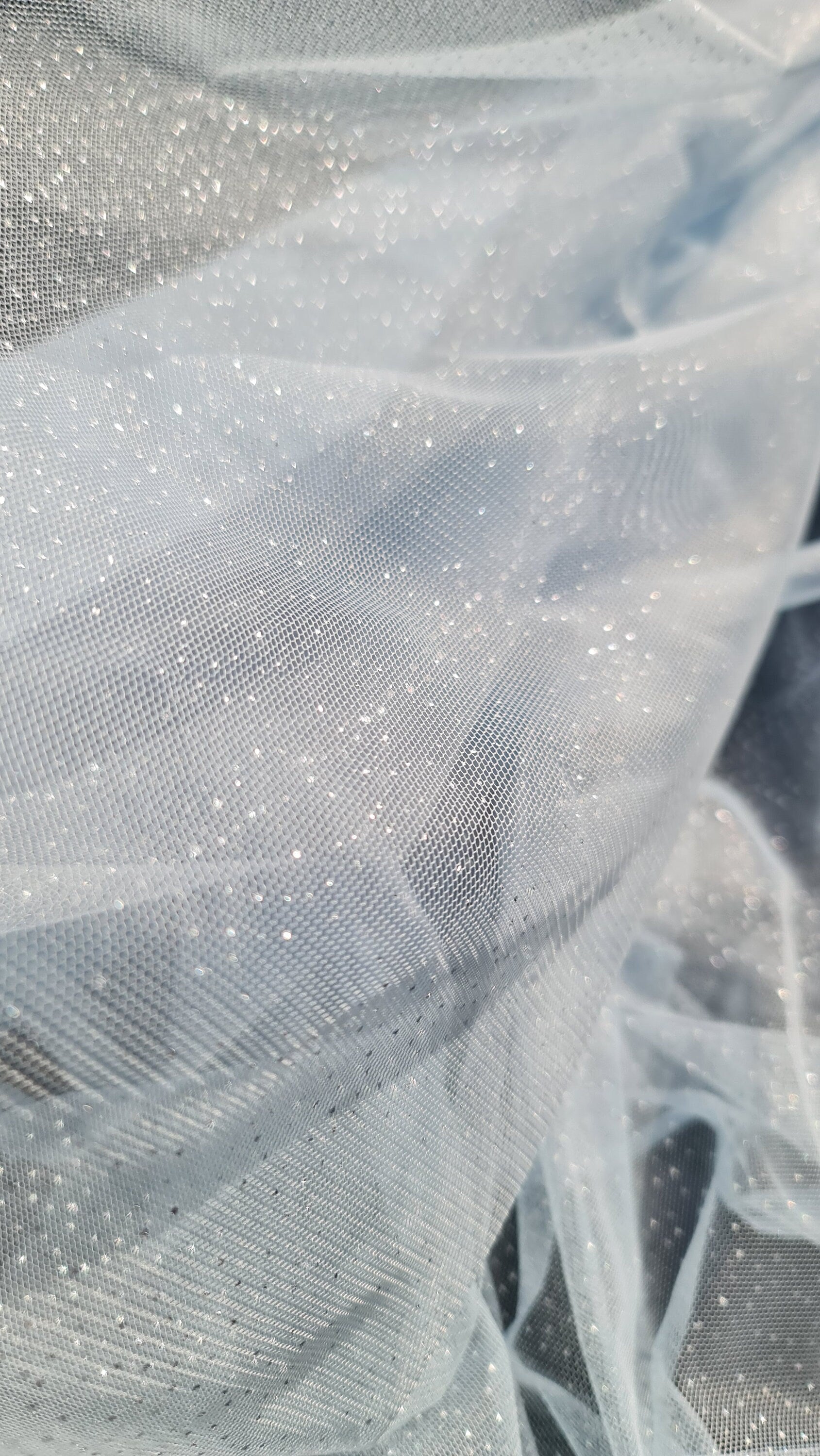 sparkling soft mesh tulle in light blue color with silver print dots LL-1483