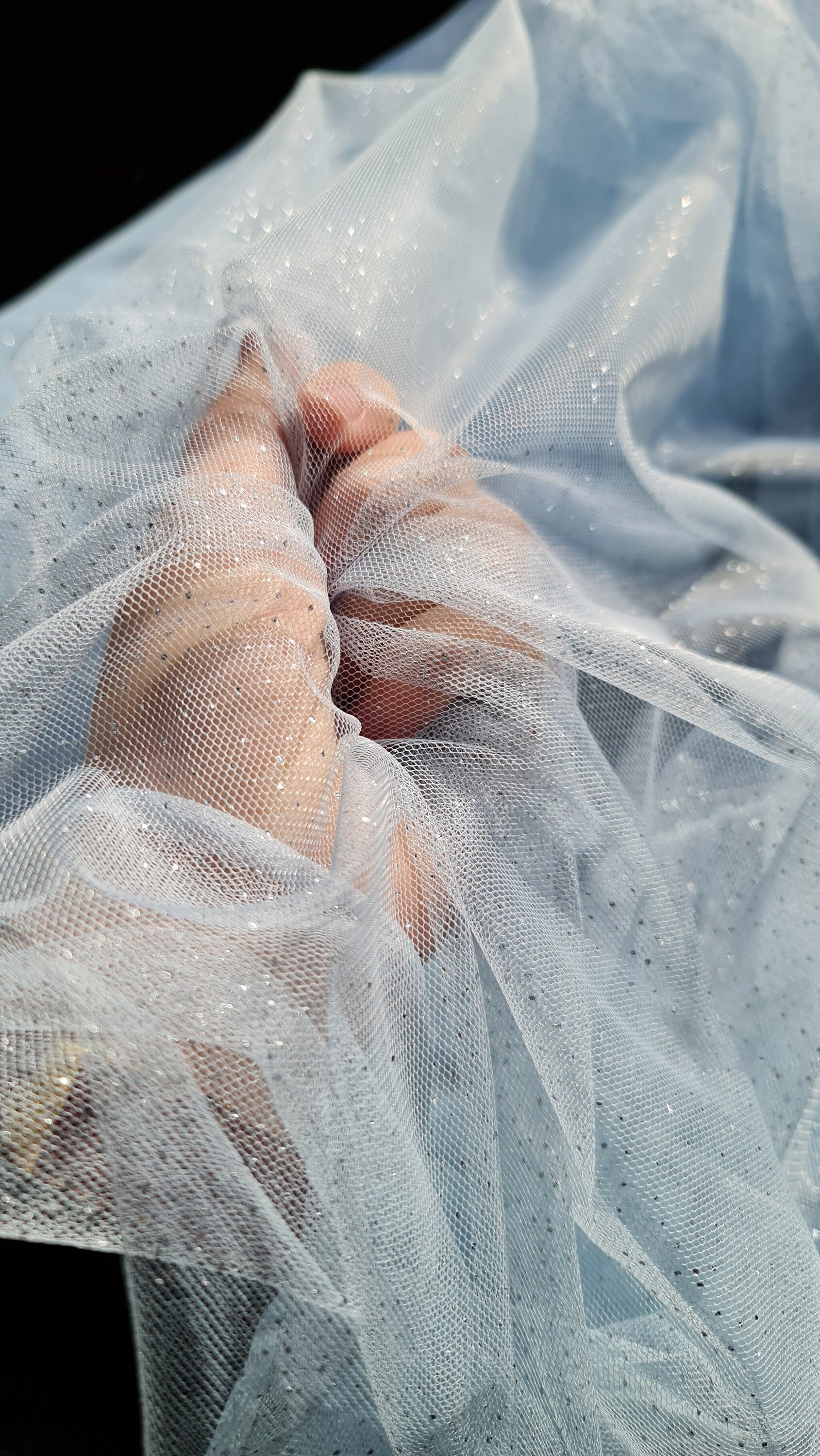 sparkling soft mesh tulle in light blue color with silver print dots LL-1483