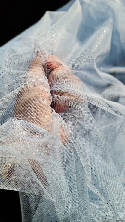 sparkling soft mesh tulle in light blue color with silver print dots LL-1483