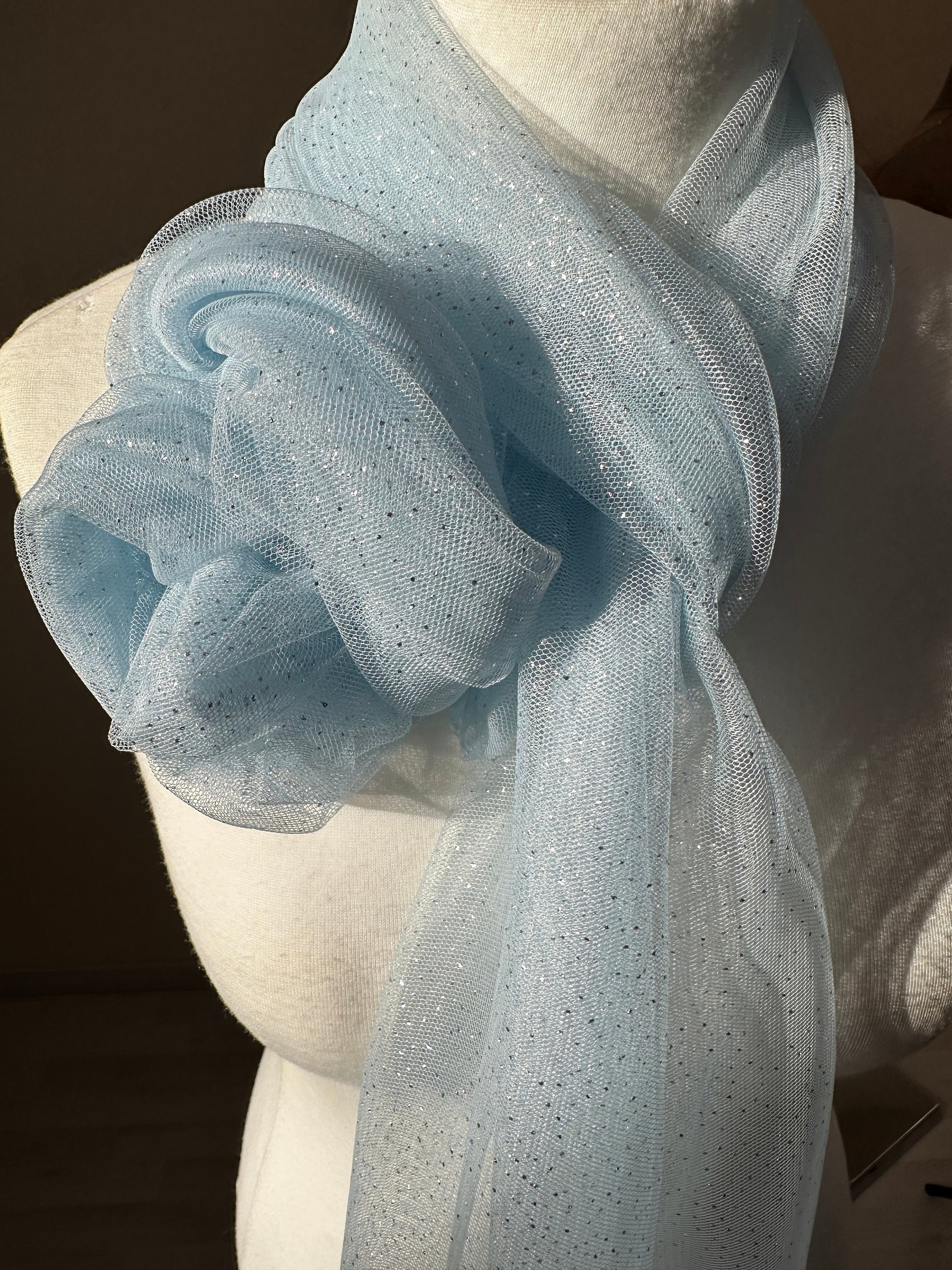 sparkling soft mesh tulle in light blue color with silver print dots LL-1483