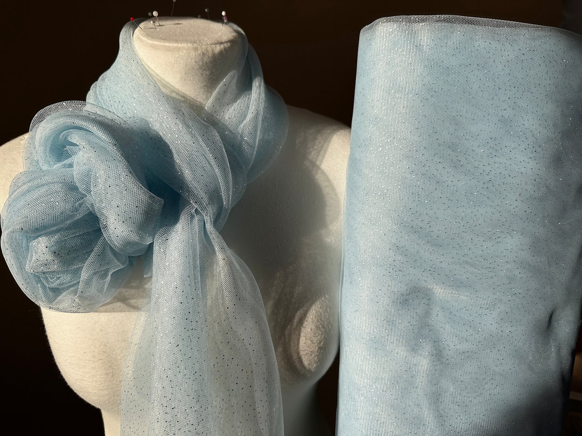 sparkling soft mesh tulle in light blue color with silver print dots LL-1483