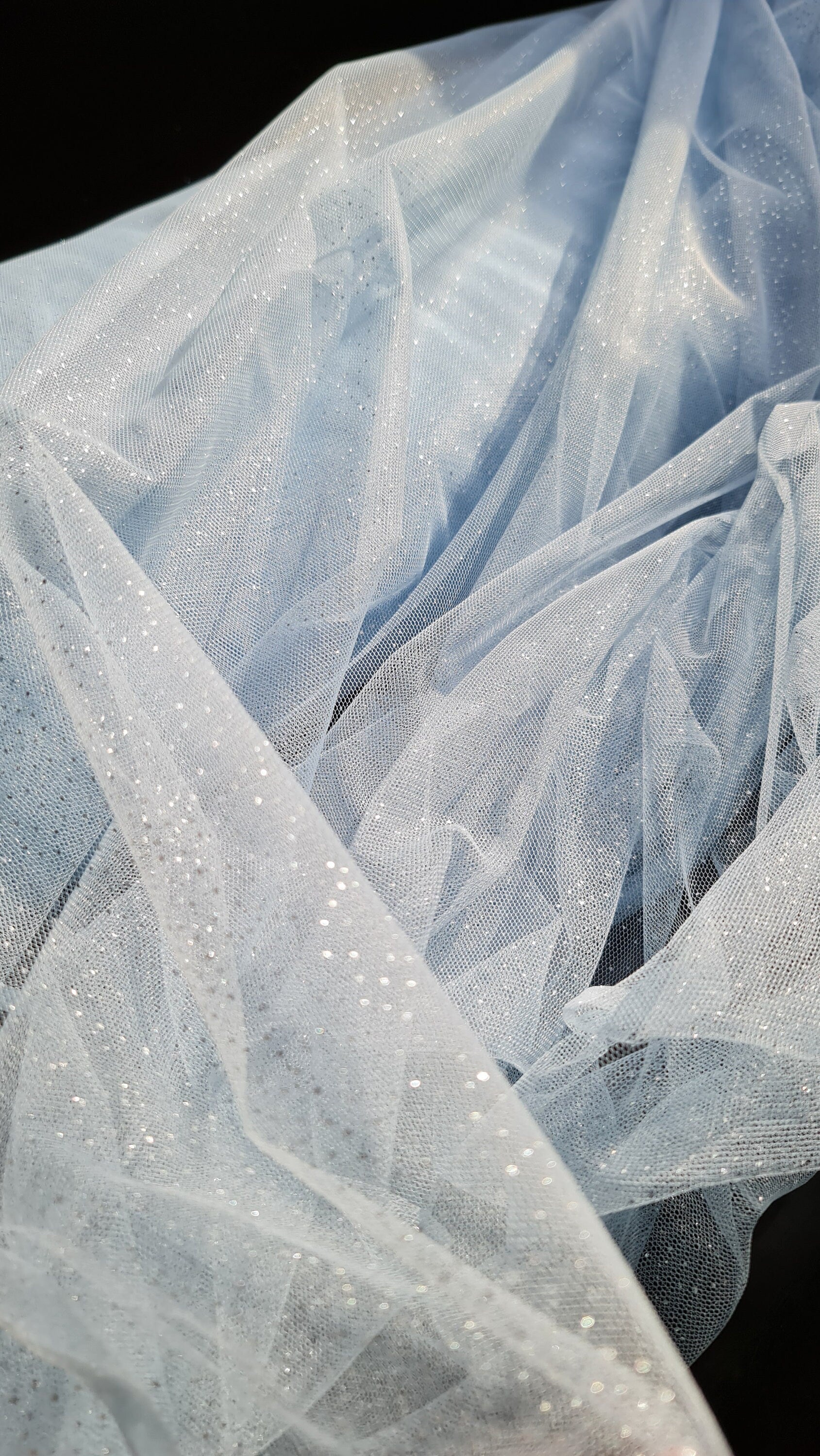 sparkling soft mesh tulle in light blue color with silver print dots LL-1483
