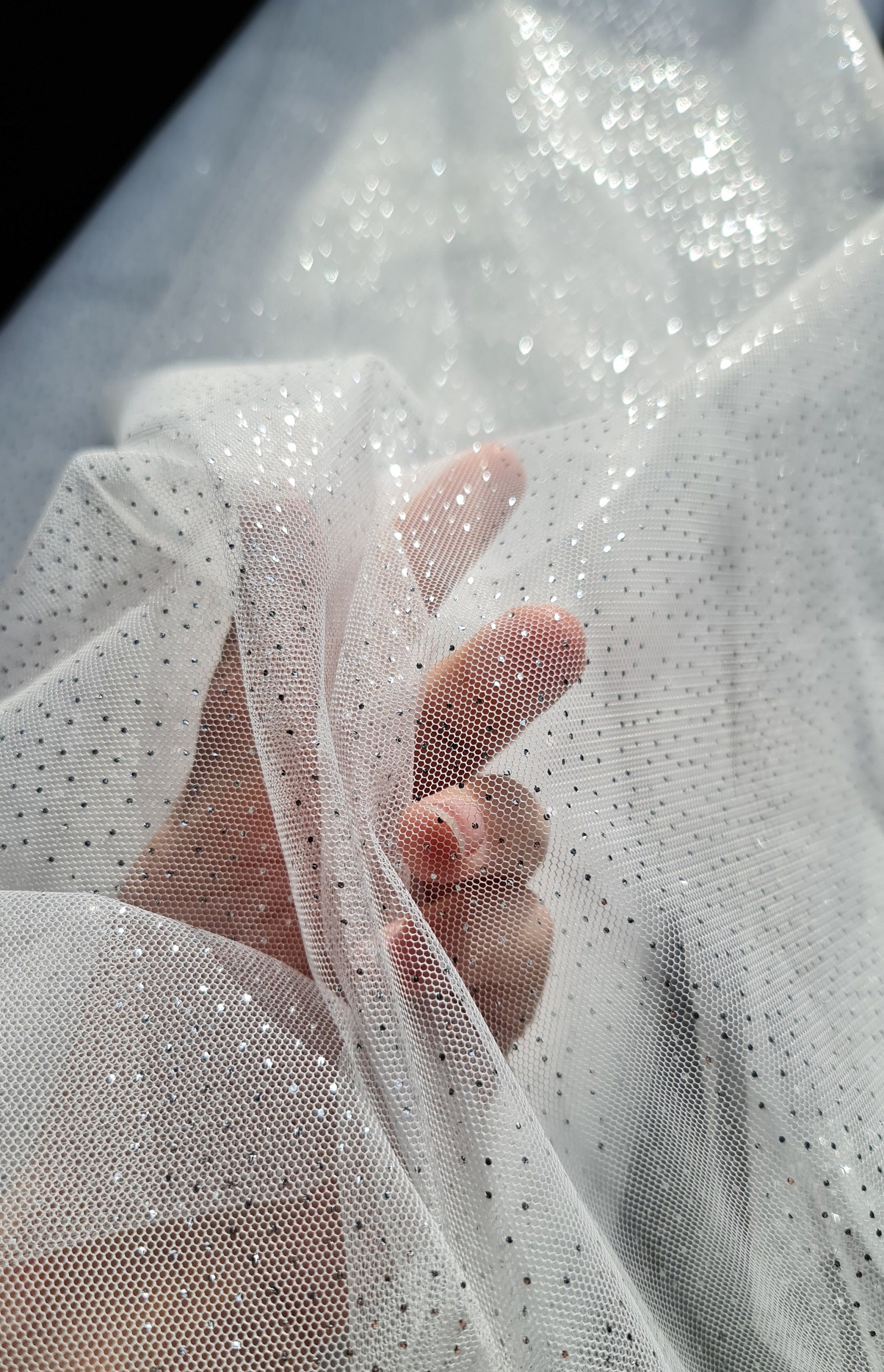 sparkling soft mesh tulle in white color with silver print dots LL-1484