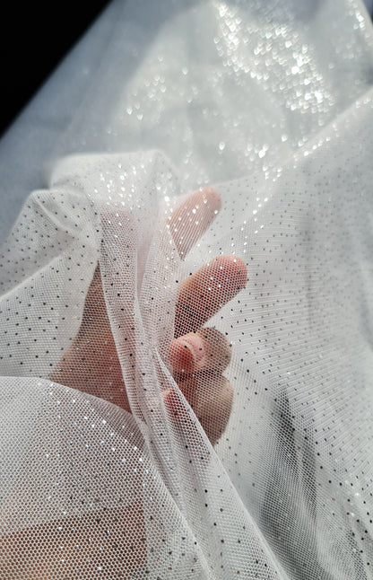 sparkling soft mesh tulle in white color with silver print dots LL-1484