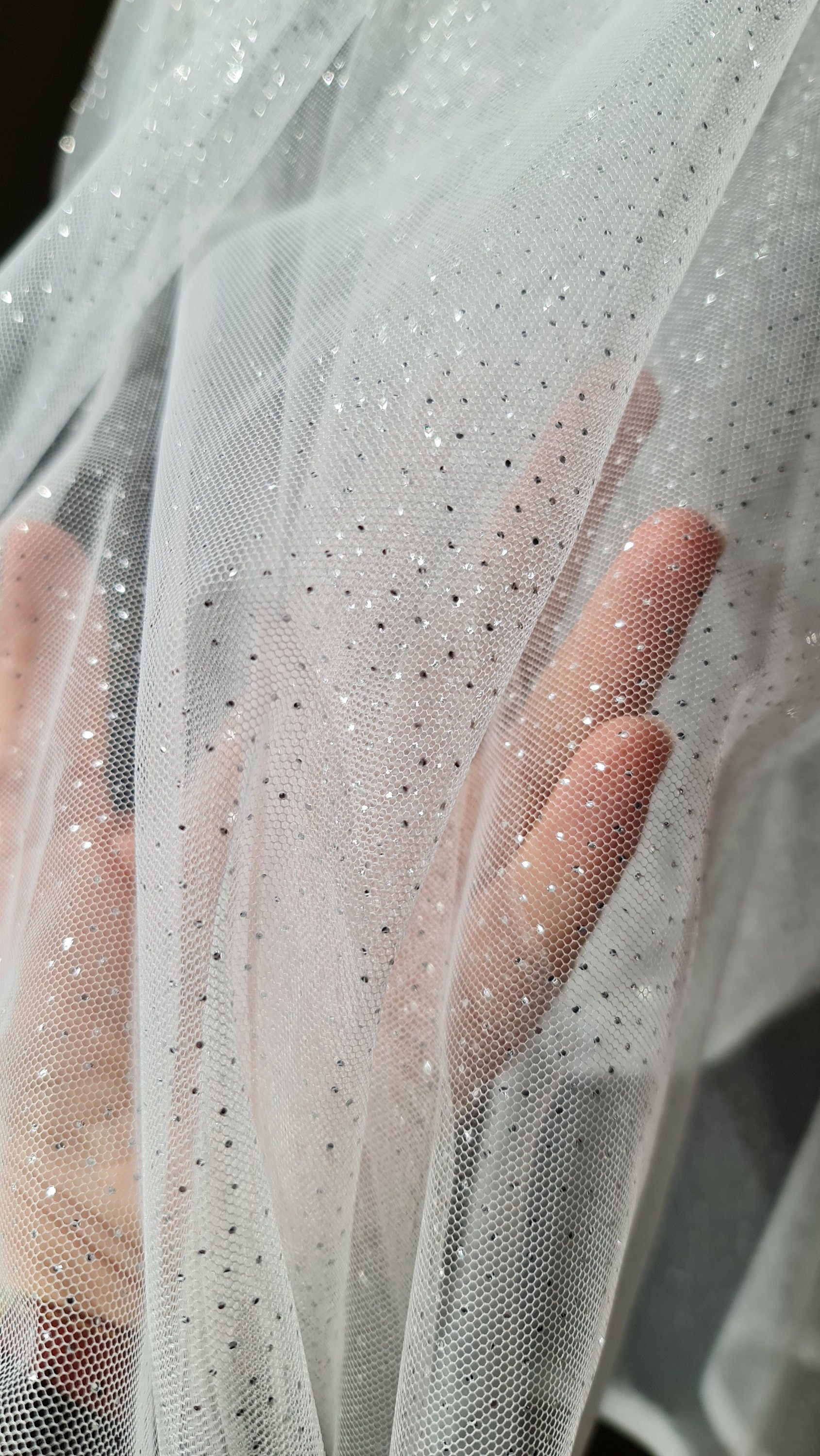 sparkling soft mesh tulle in white color with silver print dots LL-1484