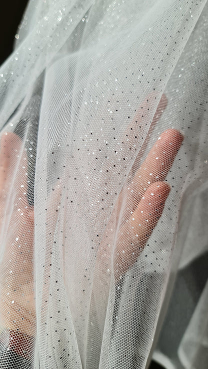 sparkling soft mesh tulle in white color with silver print dots LL-1484
