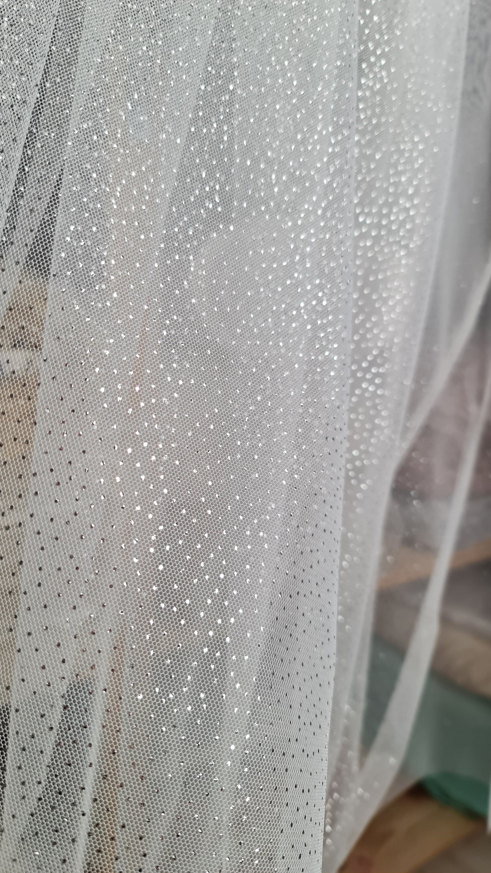sparkling soft mesh tulle in white color with silver print dots LL-1484