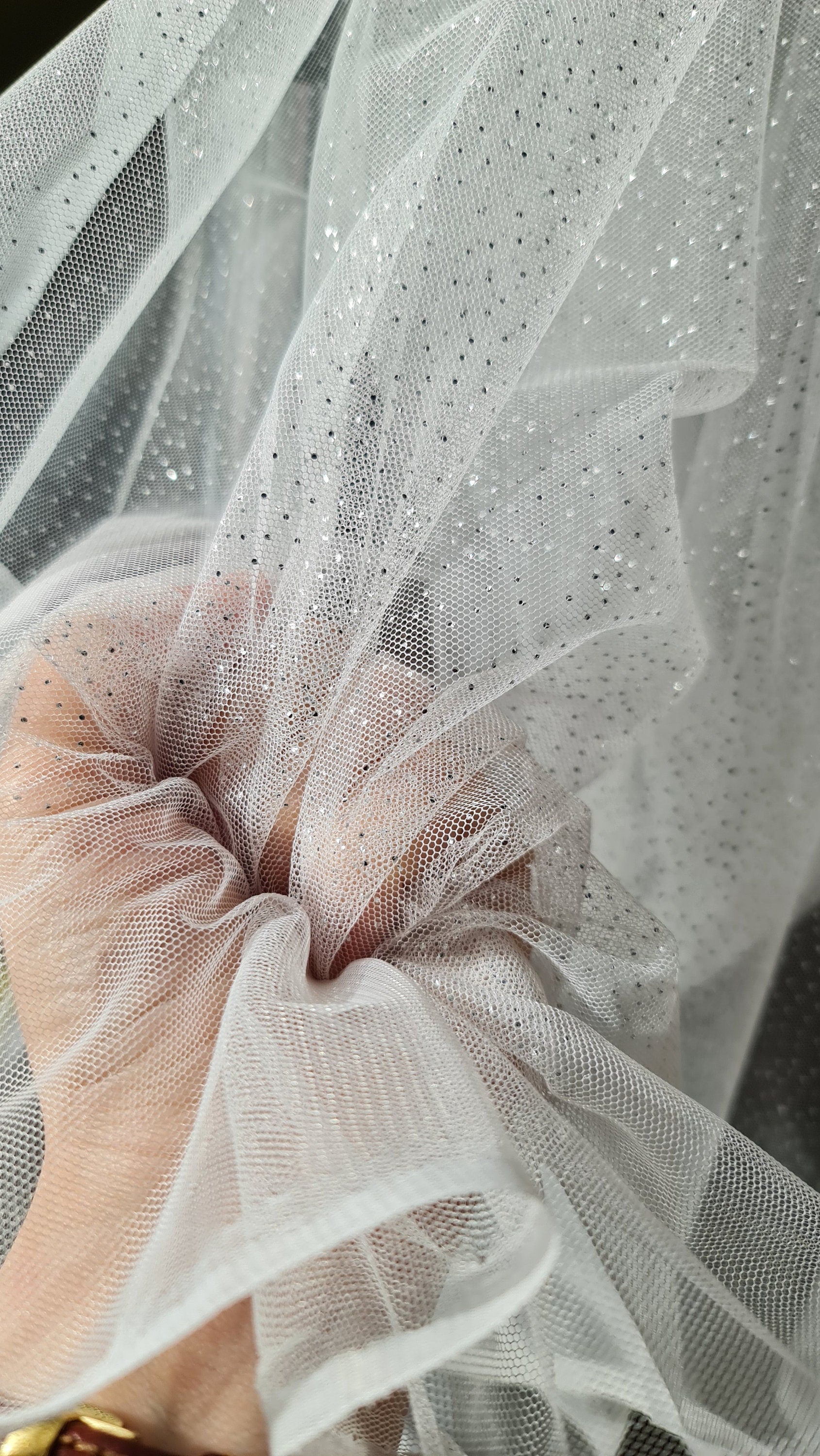 sparkling soft mesh tulle in white color with silver print dots LL-1484