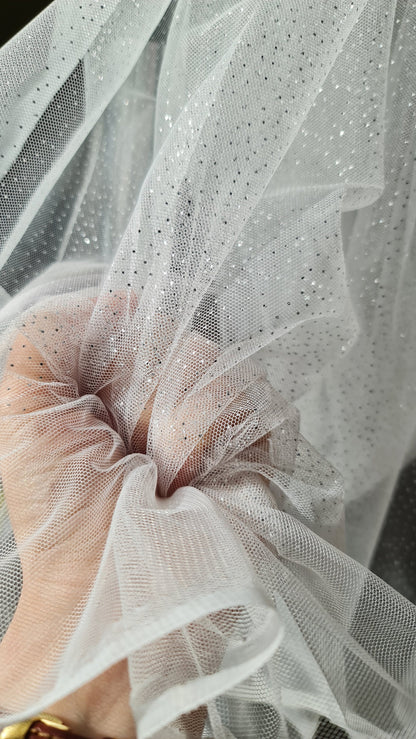 sparkling soft mesh tulle in white color with silver print dots LL-1484