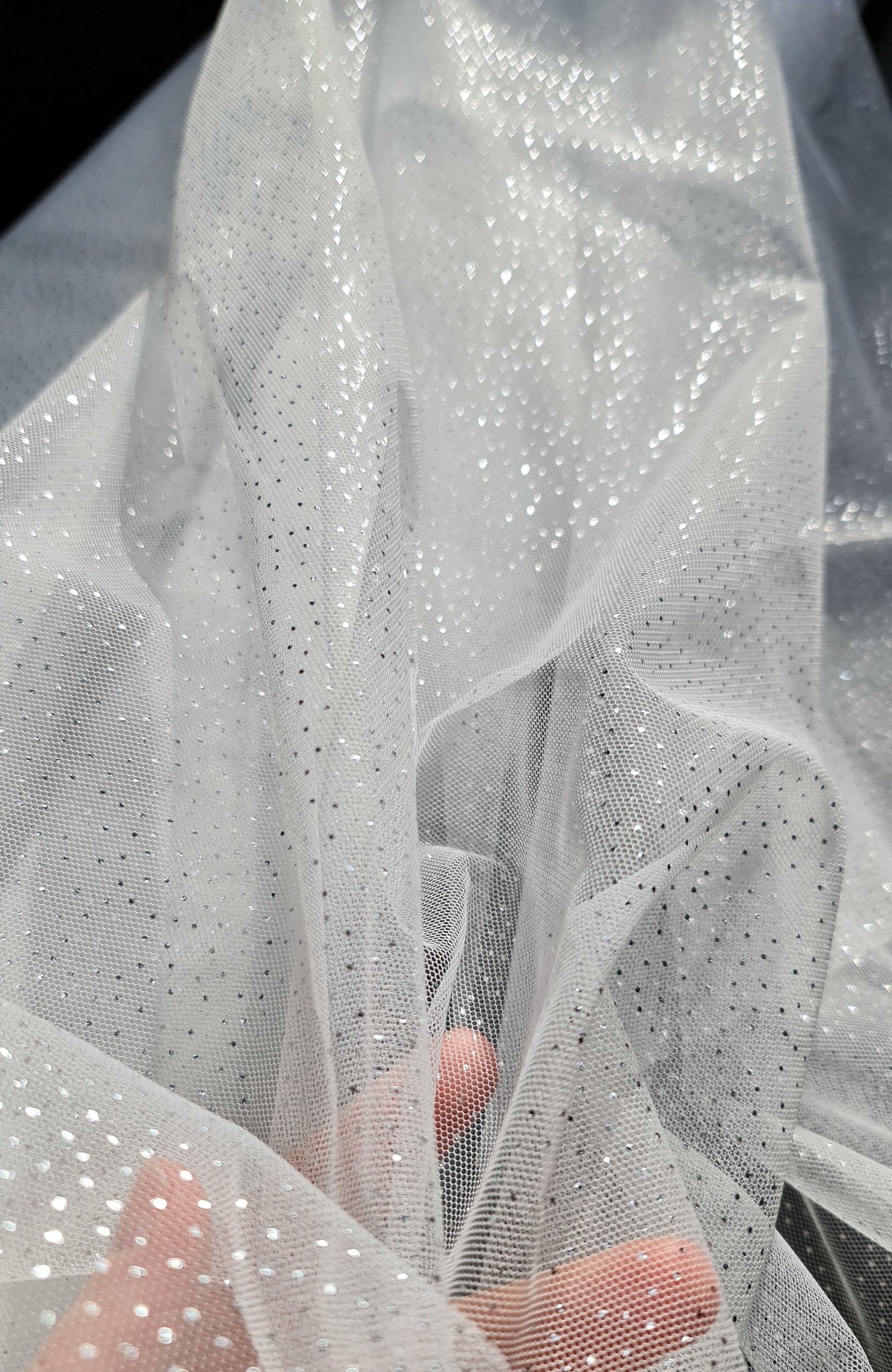 sparkling soft mesh tulle in white color with silver print dots LL-1484