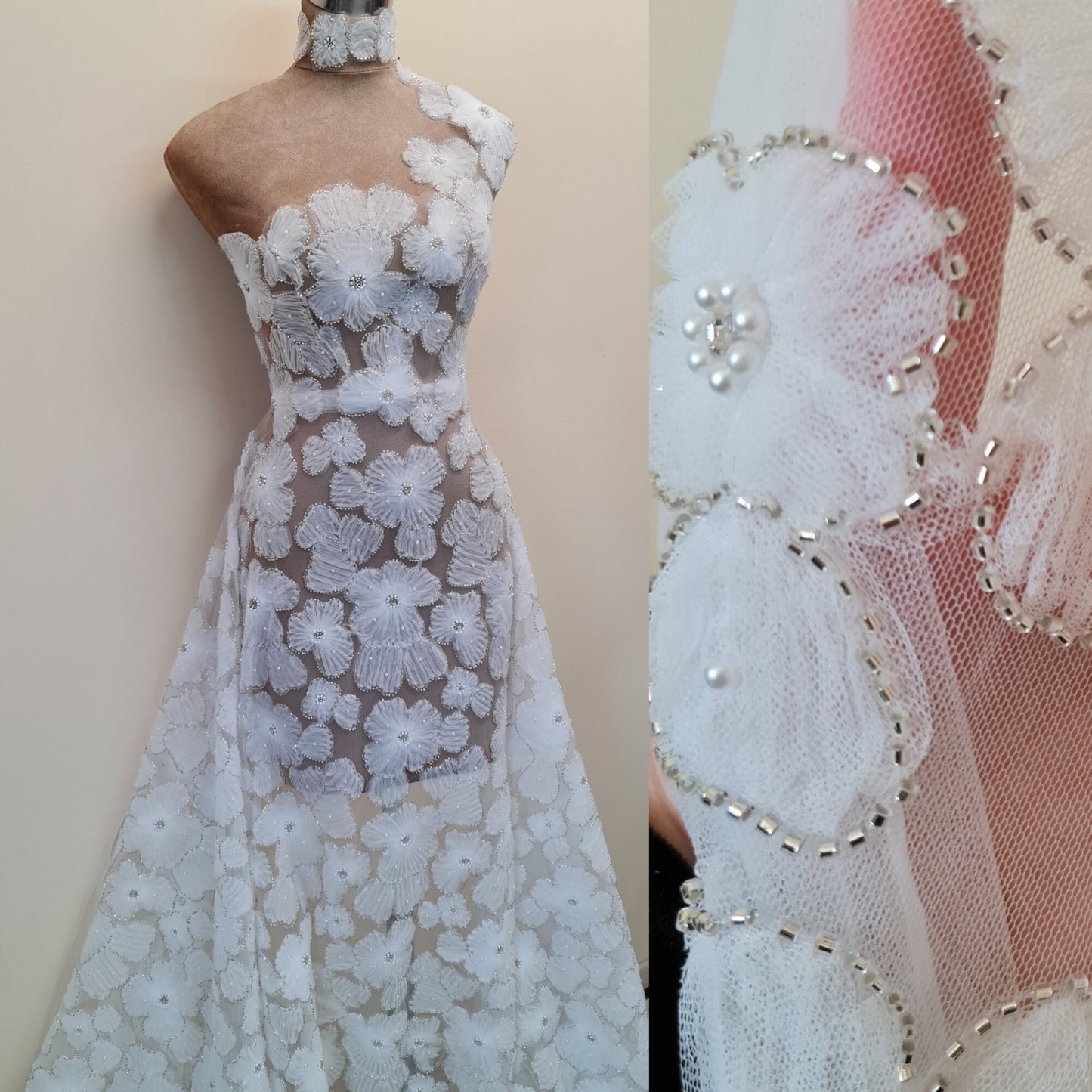LL-1486, Wonderful bridal lace fabric with big flowers by yards or meters, 3D-Lace Fabric in off-white color