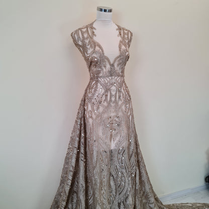 Gorgeous ornamental lace fabric with beads and big sequins in gold color, lace per meter LL-1346