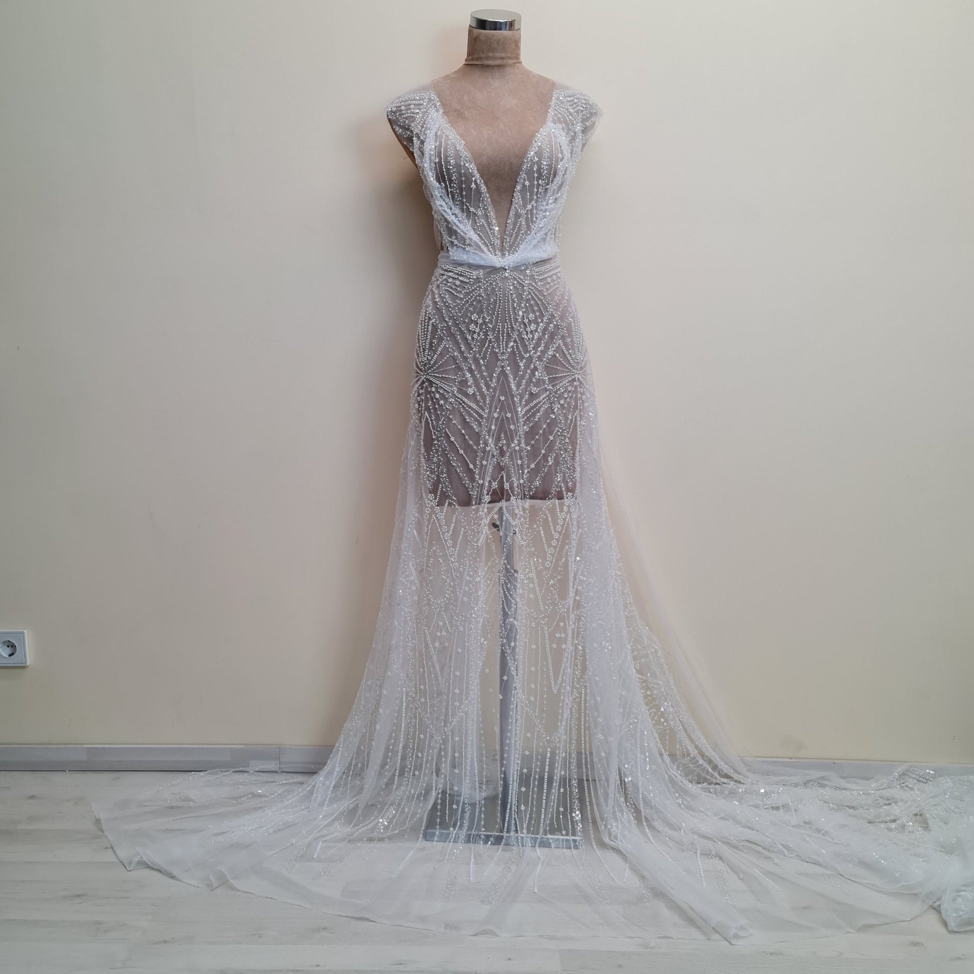 LL-1487, gorgeous beaded bridal lace fabric with geometrical design in off-white color