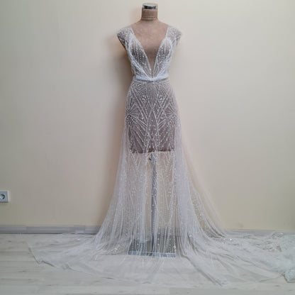 LL-1487, gorgeous beaded bridal lace fabric with geometrical design in off-white color
