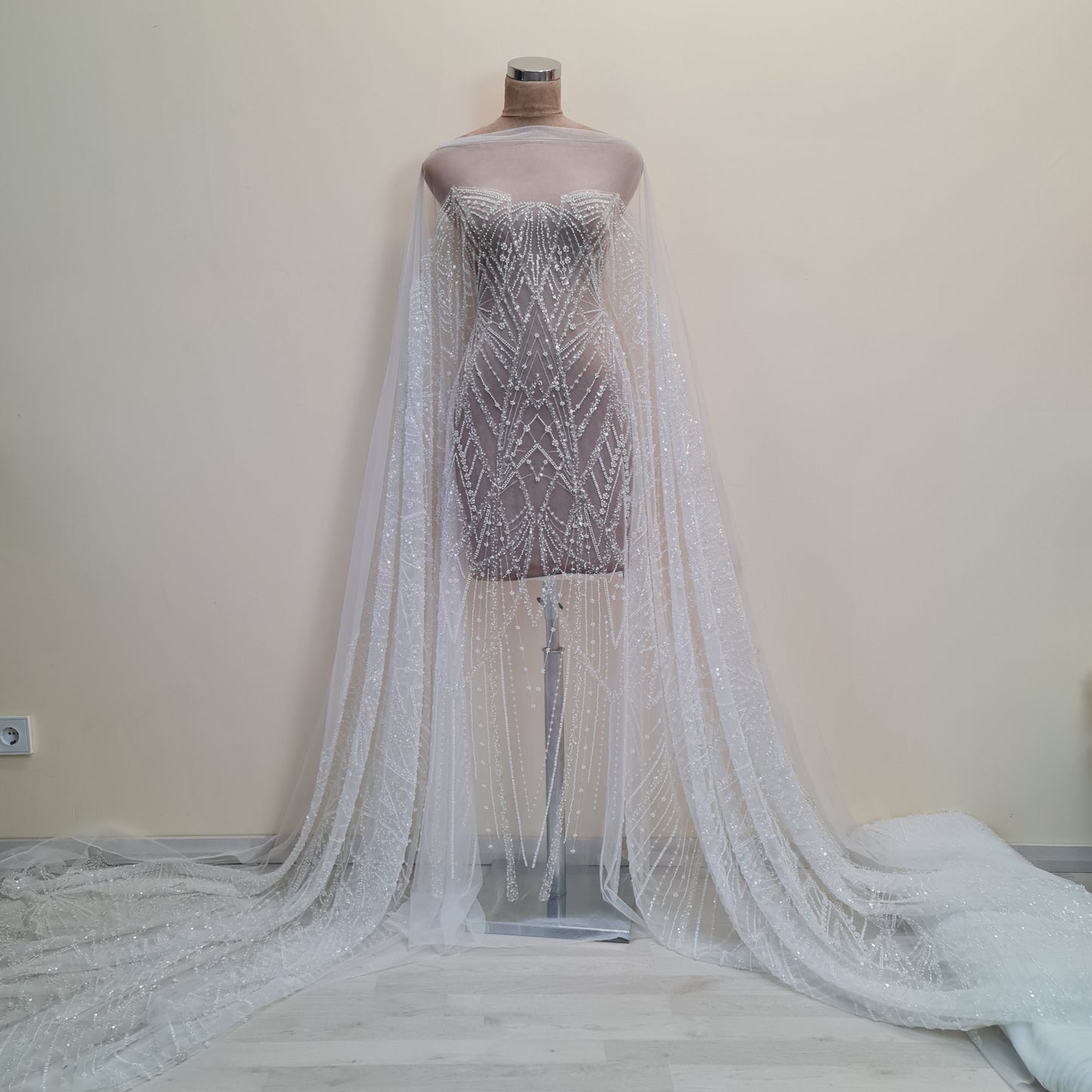 LL-1487, gorgeous beaded bridal lace fabric with geometrical design in off-white color