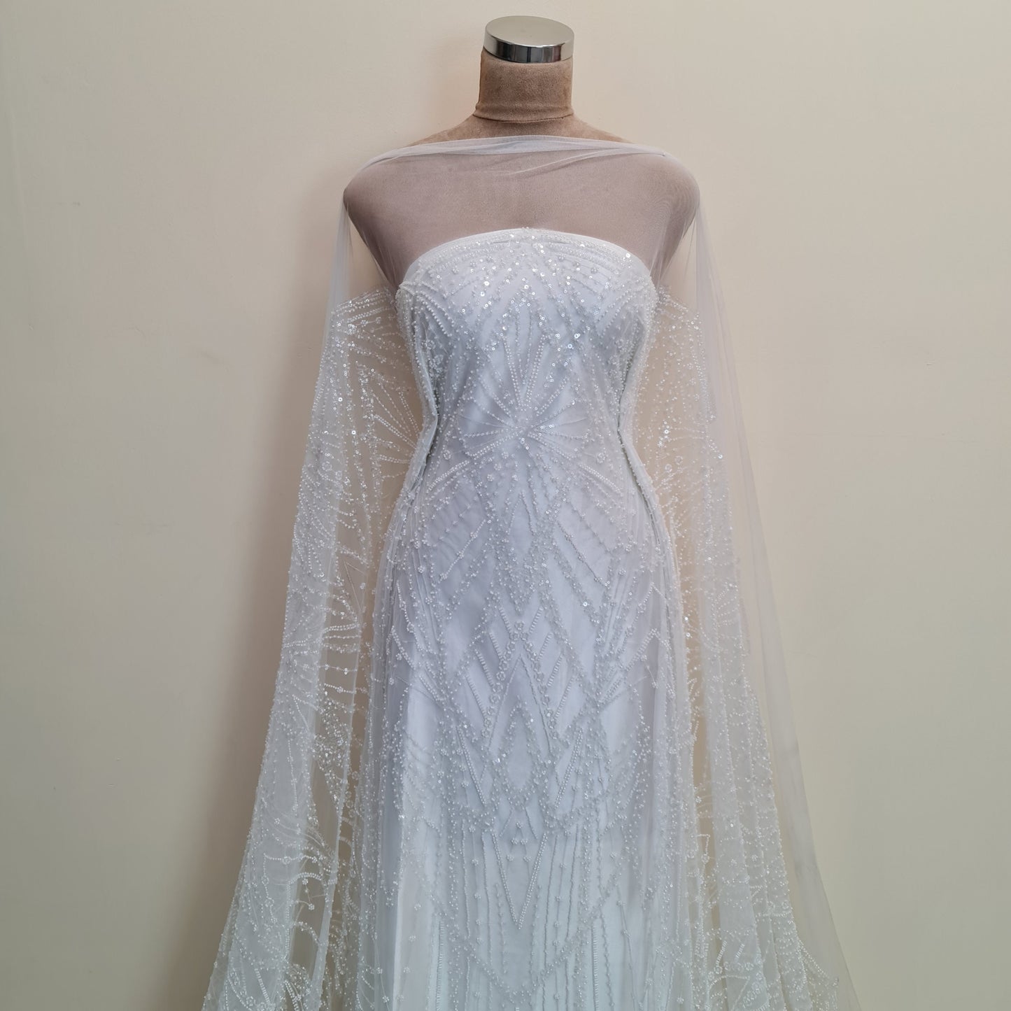 LL-1487, gorgeous beaded bridal lace fabric with geometrical design in off-white color