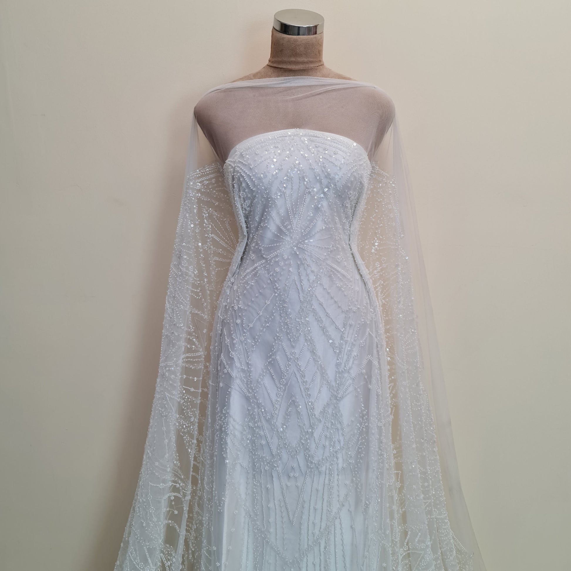 LL-1487, gorgeous beaded bridal lace fabric with geometrical design in off-white color