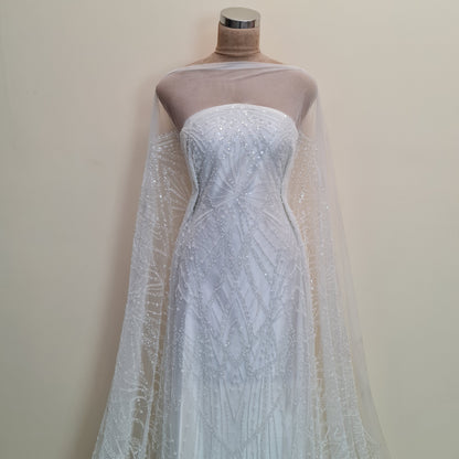LL-1487, gorgeous beaded bridal lace fabric with geometrical design in off-white color