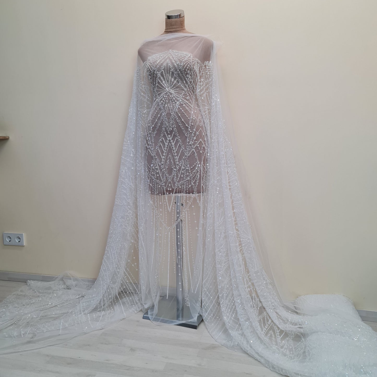 LL-1487, gorgeous beaded bridal lace fabric with geometrical design in off-white color