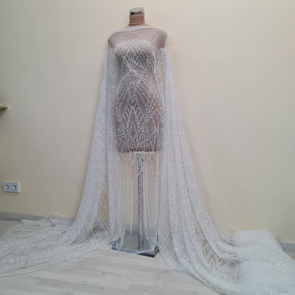 LL-1487, gorgeous beaded bridal lace fabric with geometrical design in off-white color