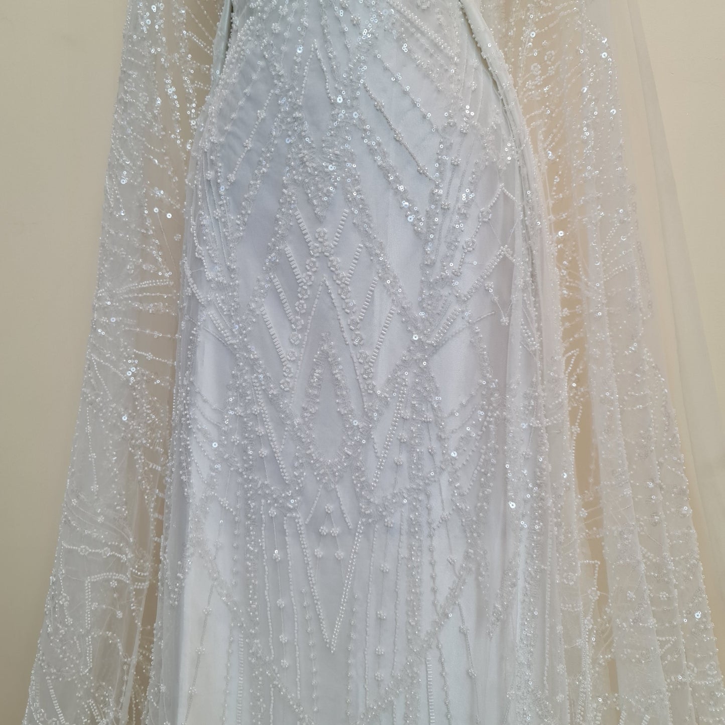 LL-1487, gorgeous beaded bridal lace fabric with geometrical design in off-white color