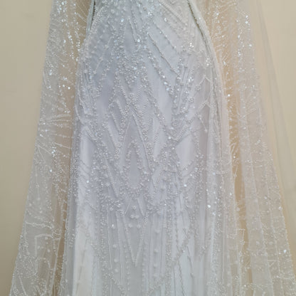 LL-1487, gorgeous beaded bridal lace fabric with geometrical design in off-white color