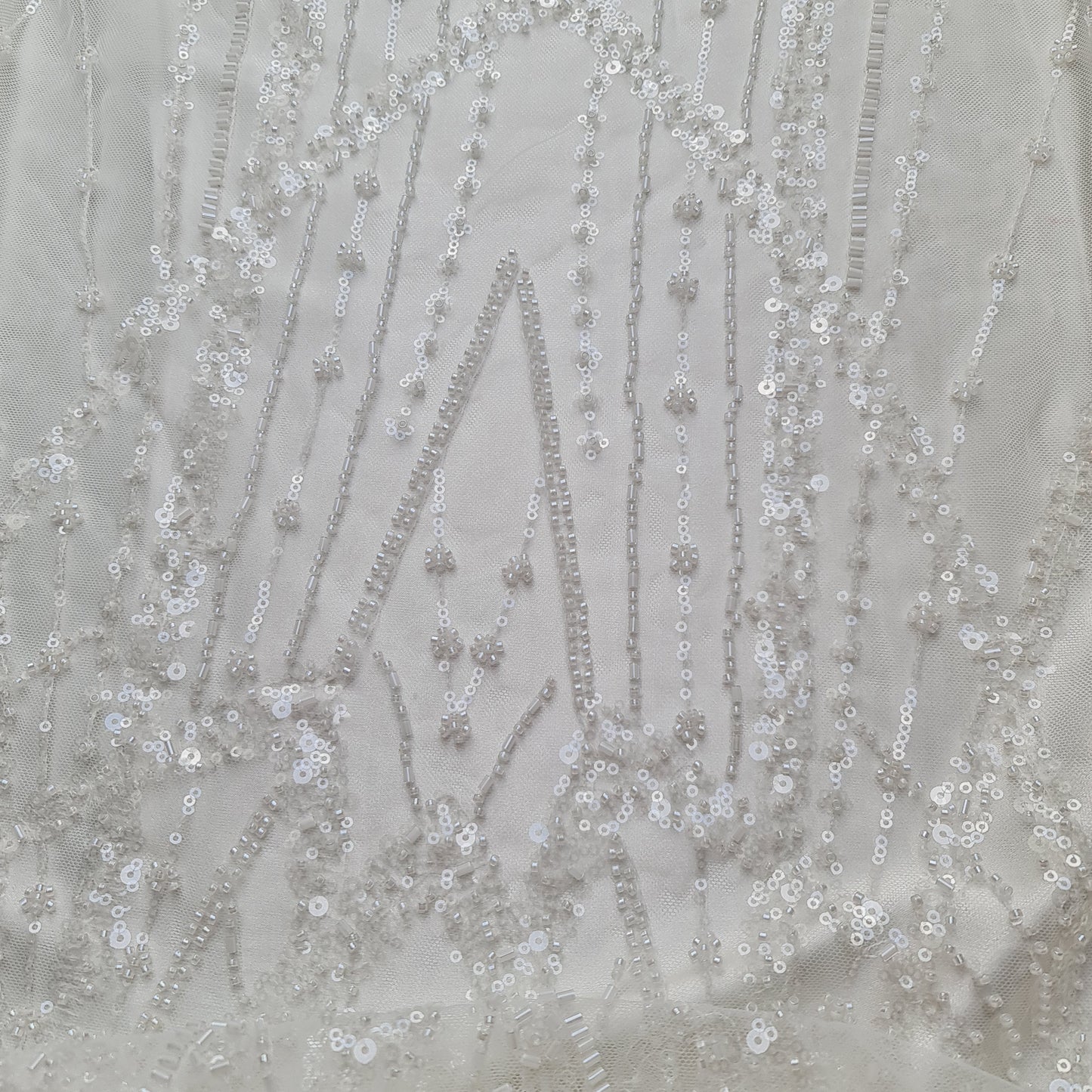 LL-1487, gorgeous beaded bridal lace fabric with geometrical design in off-white color