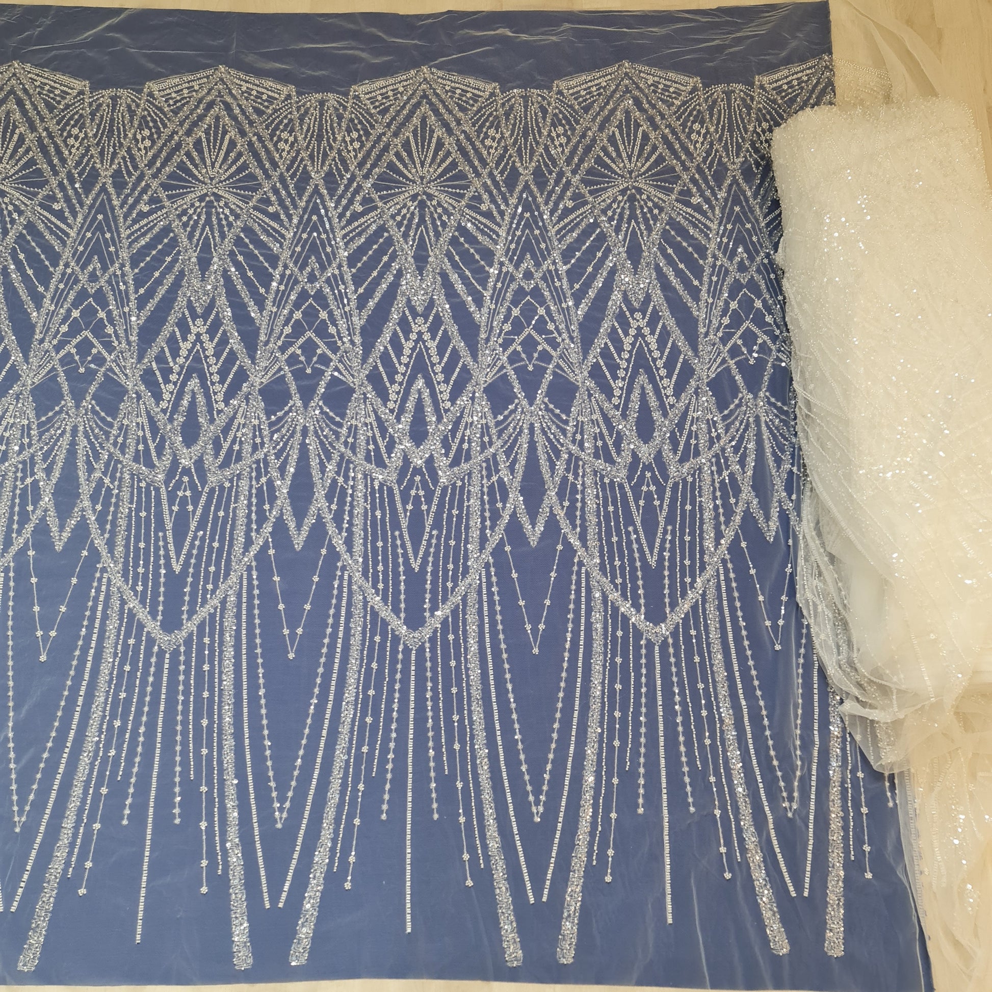 LL-1487, gorgeous beaded bridal lace fabric with geometrical design in off-white color