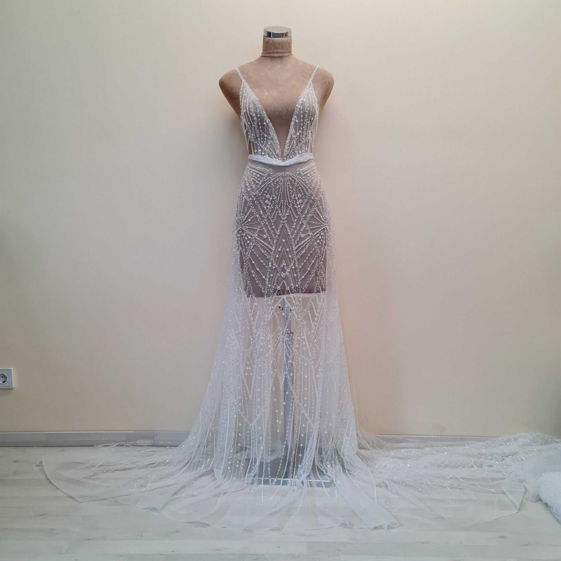 LL-1487, gorgeous beaded bridal lace fabric with geometrical design in off-white color