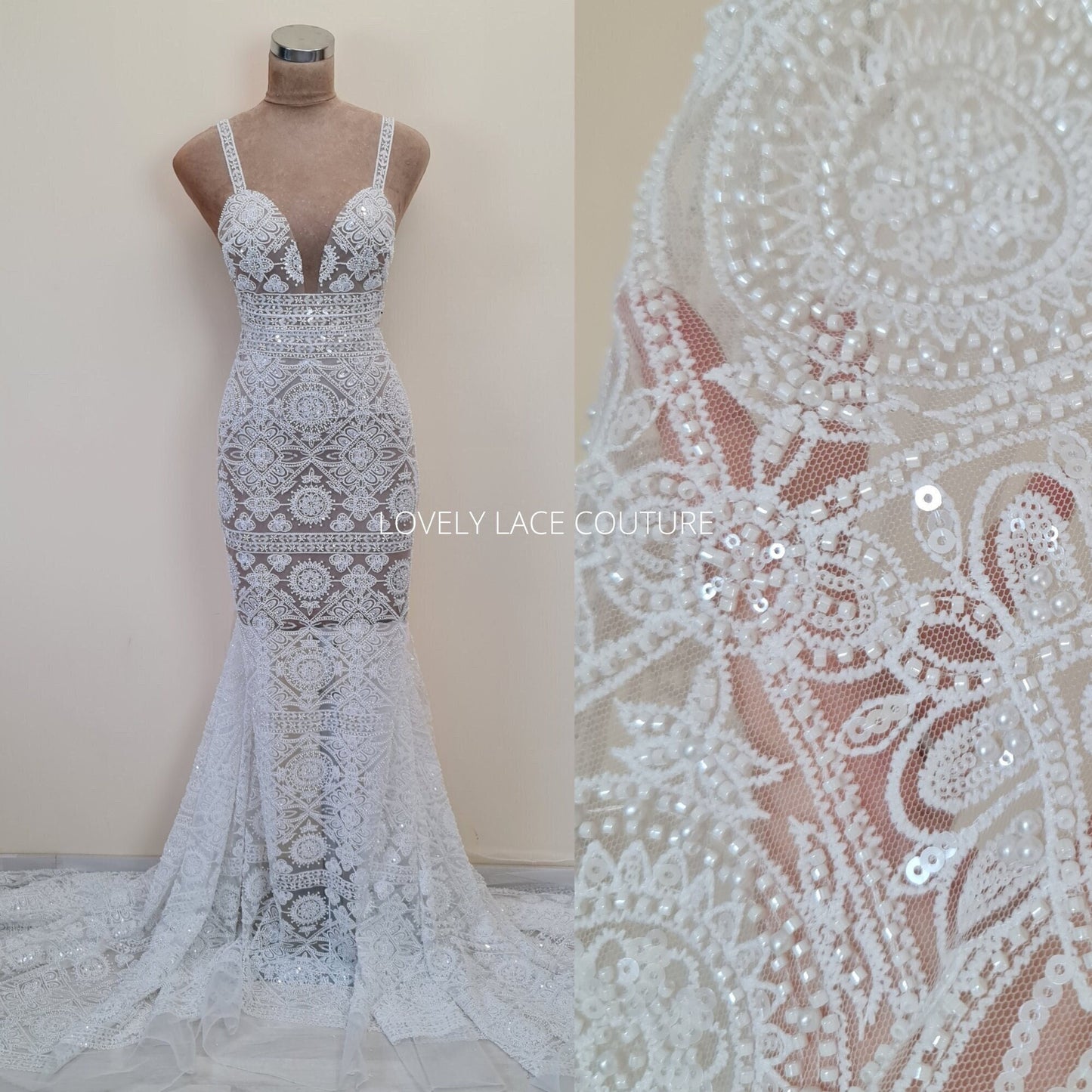 LL-1488, gorgeous bridal lace fabric with geometrical pattern, guipure lace per meter, lace fabric in off-white