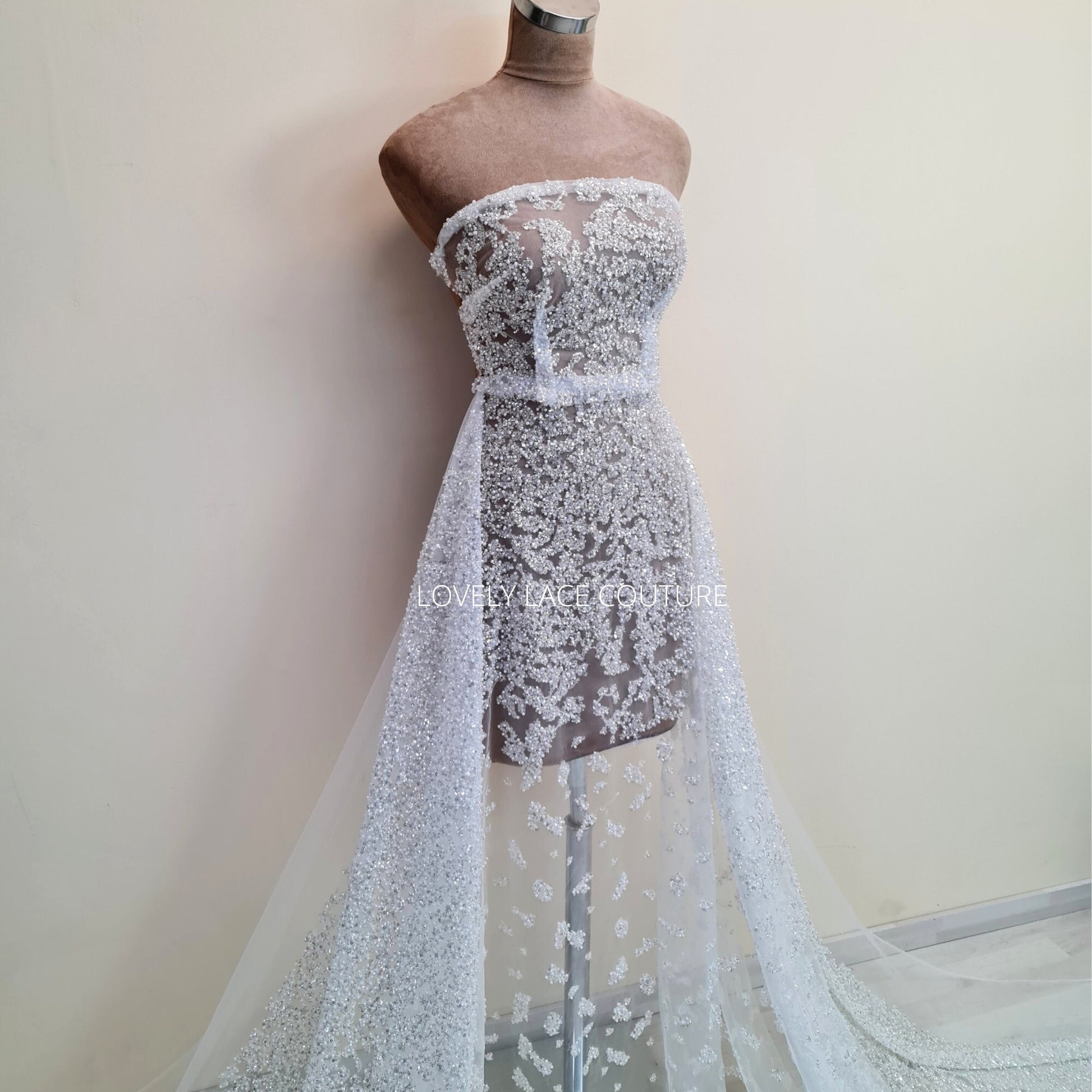 LL-1489, gorgeous abstract wedding dress lace fabric with beads and sequins in off-white color