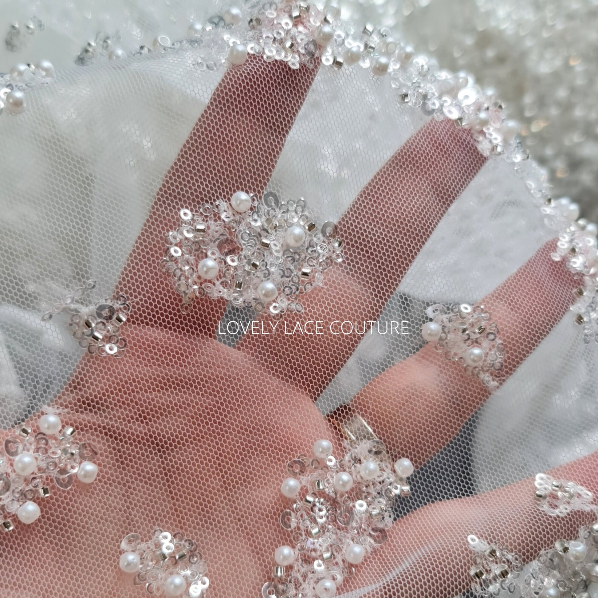 LL-1489, gorgeous abstract wedding dress lace fabric with beads and sequins in off-white color