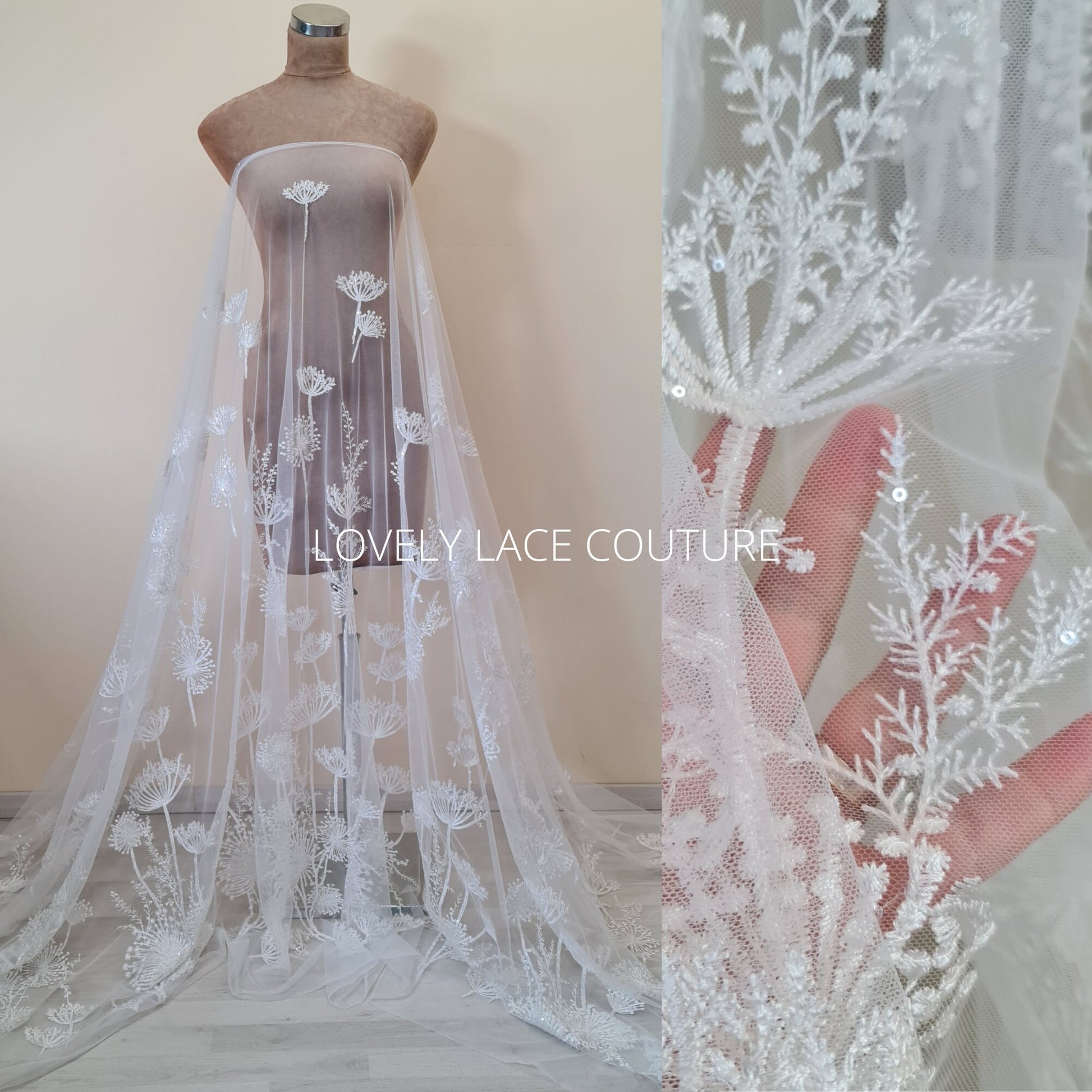 LL-1491 Beautiful lace fabric with dandelion design, lace per metre, wedding dress lace fabric in off-white color