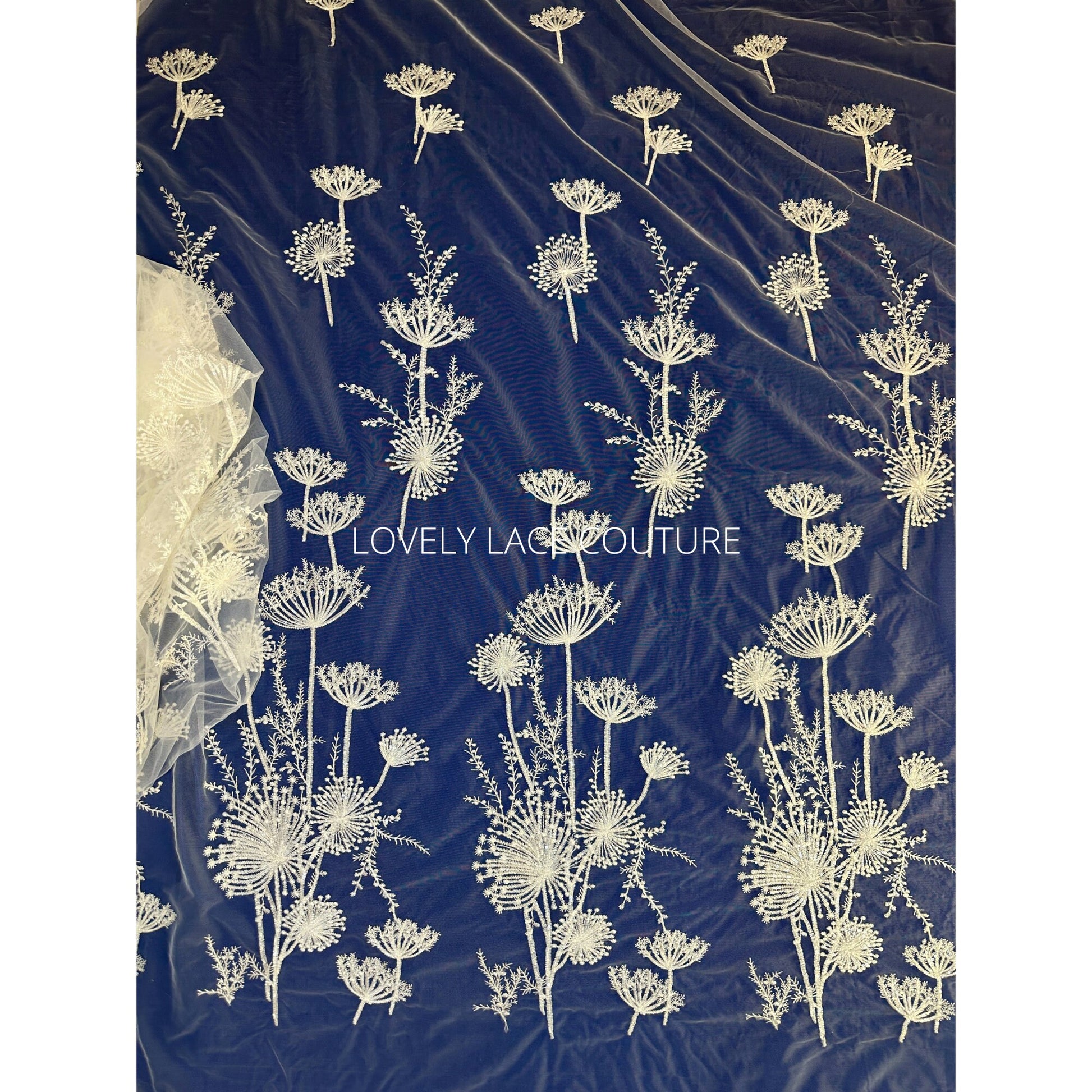 LL-1491 Beautiful lace fabric with dandelion design, lace per metre, wedding dress lace fabric in off-white color