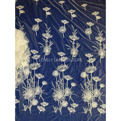 LL-1491 Beautiful lace fabric with dandelion design, lace per metre, wedding dress lace fabric in off-white color