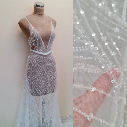 LL-1487, gorgeous beaded bridal lace fabric with geometrical design in off-white color