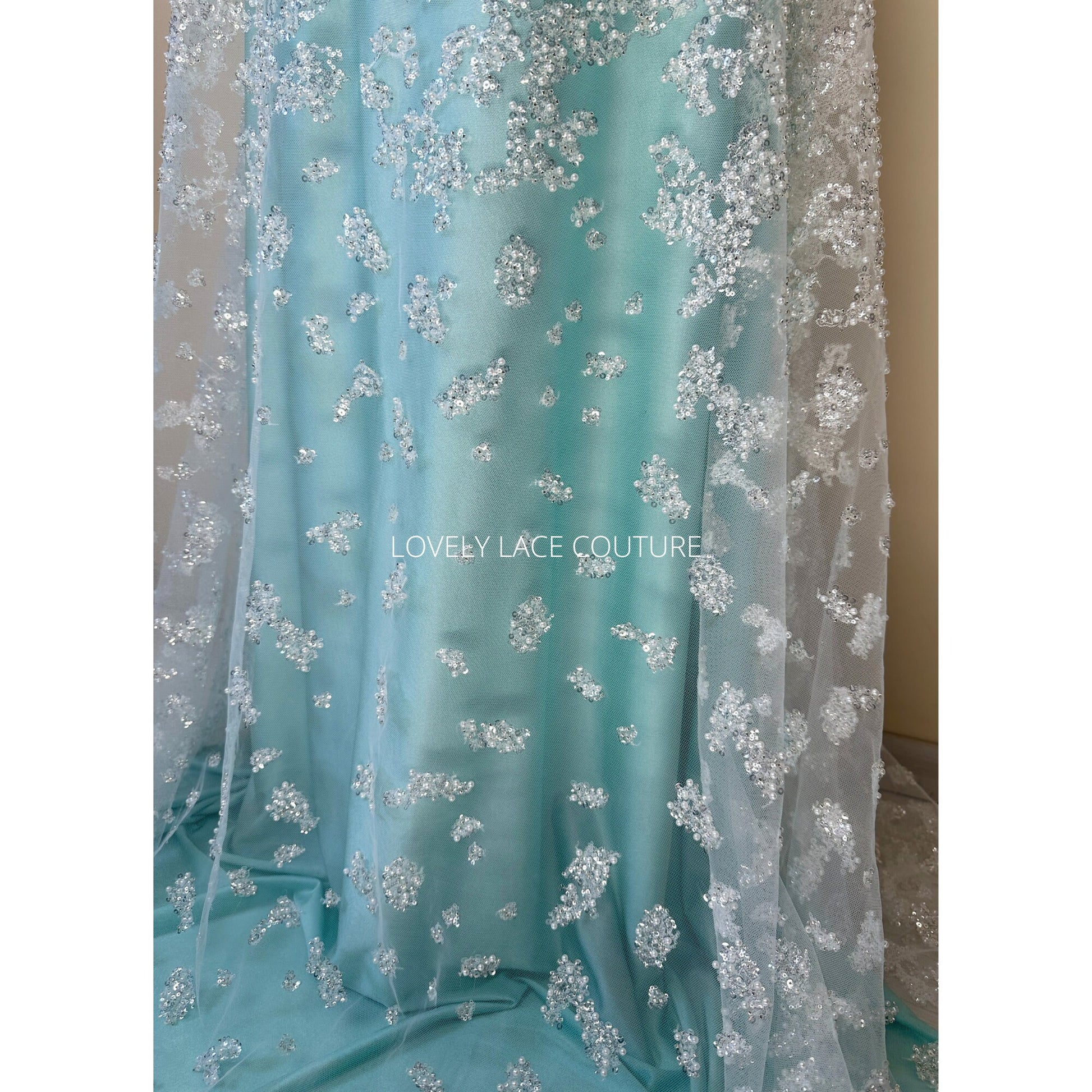 LL-1489, gorgeous abstract wedding dress lace fabric with beads and sequins in off-white color