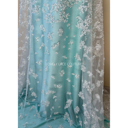 LL-1489, gorgeous abstract wedding dress lace fabric with beads and sequins in off-white color
